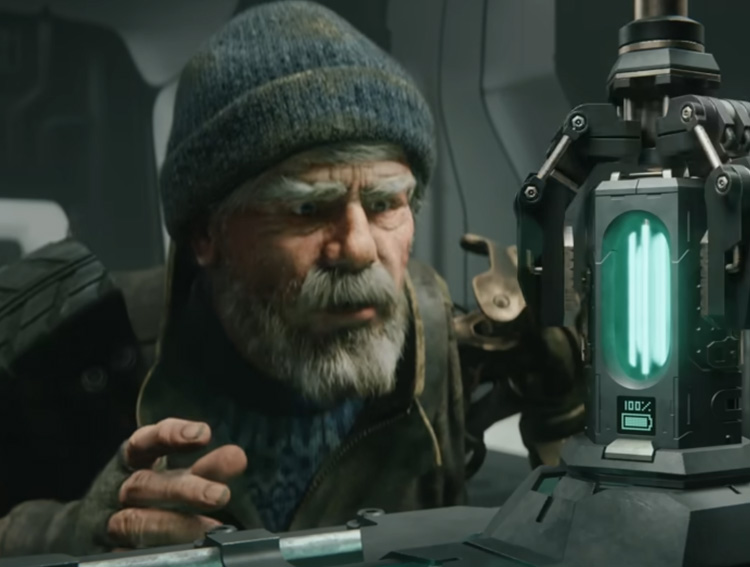 3DCG still of a man in a knit cap facing a robotic-arm-like machine