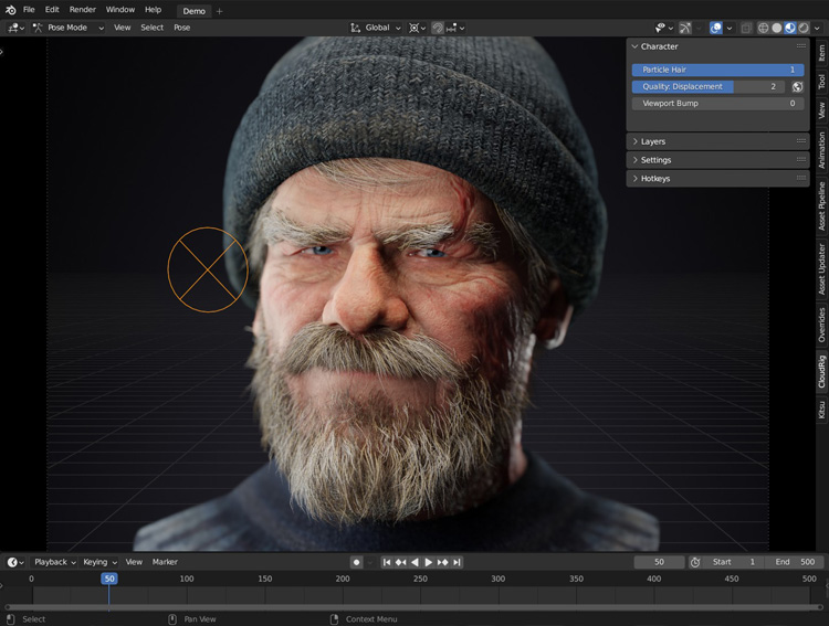 Screen showing a knit-cap character being modeled in Blender