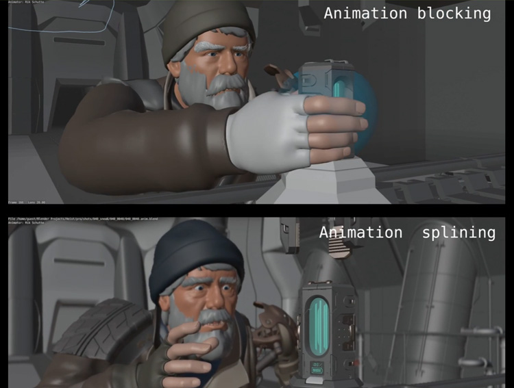 Screen comparing blocking and spline animation for a character in Blender