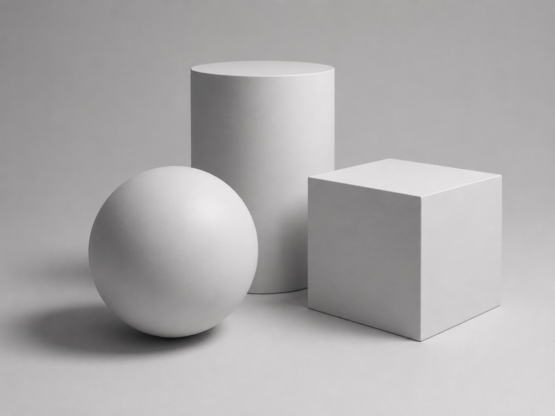 Still-life 3DCG made of matte white sphere, cylinder, and cube shapes