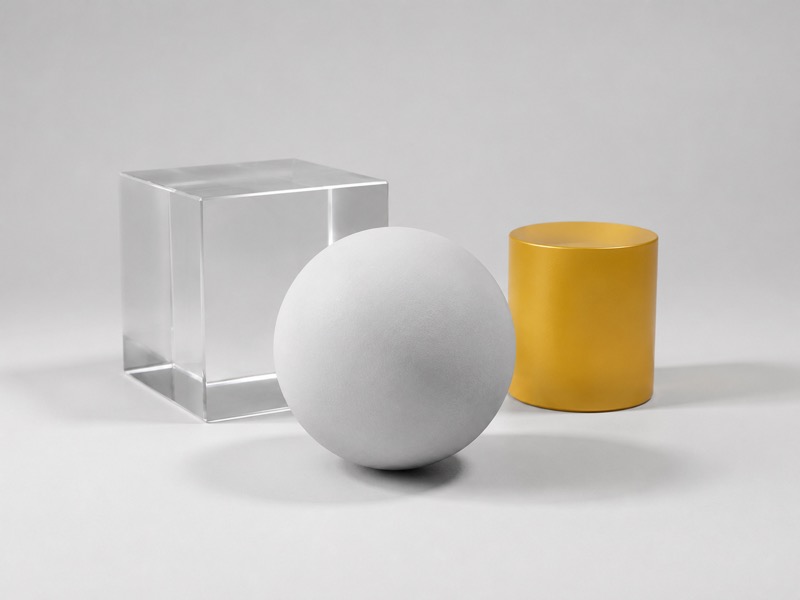 Still-life 3DCG combining a clay-textured sphere, a glass cube, and a mustard-yellow cylinder