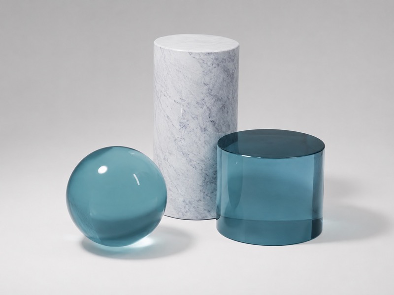 Still-life 3DCG combining teal glass sphere and cylinder shapes with a white marble cylinder