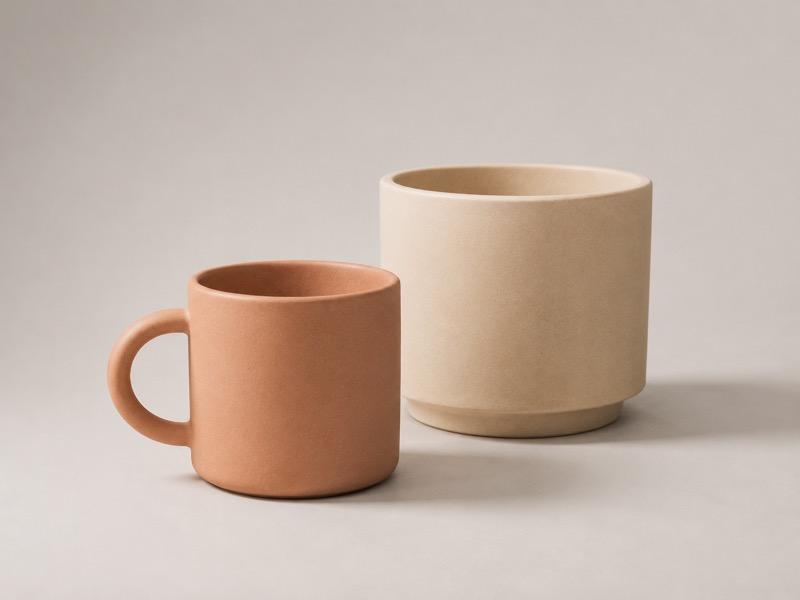 Still-life 3DCG featuring a terracotta mug and an ivory plant pot side by side
