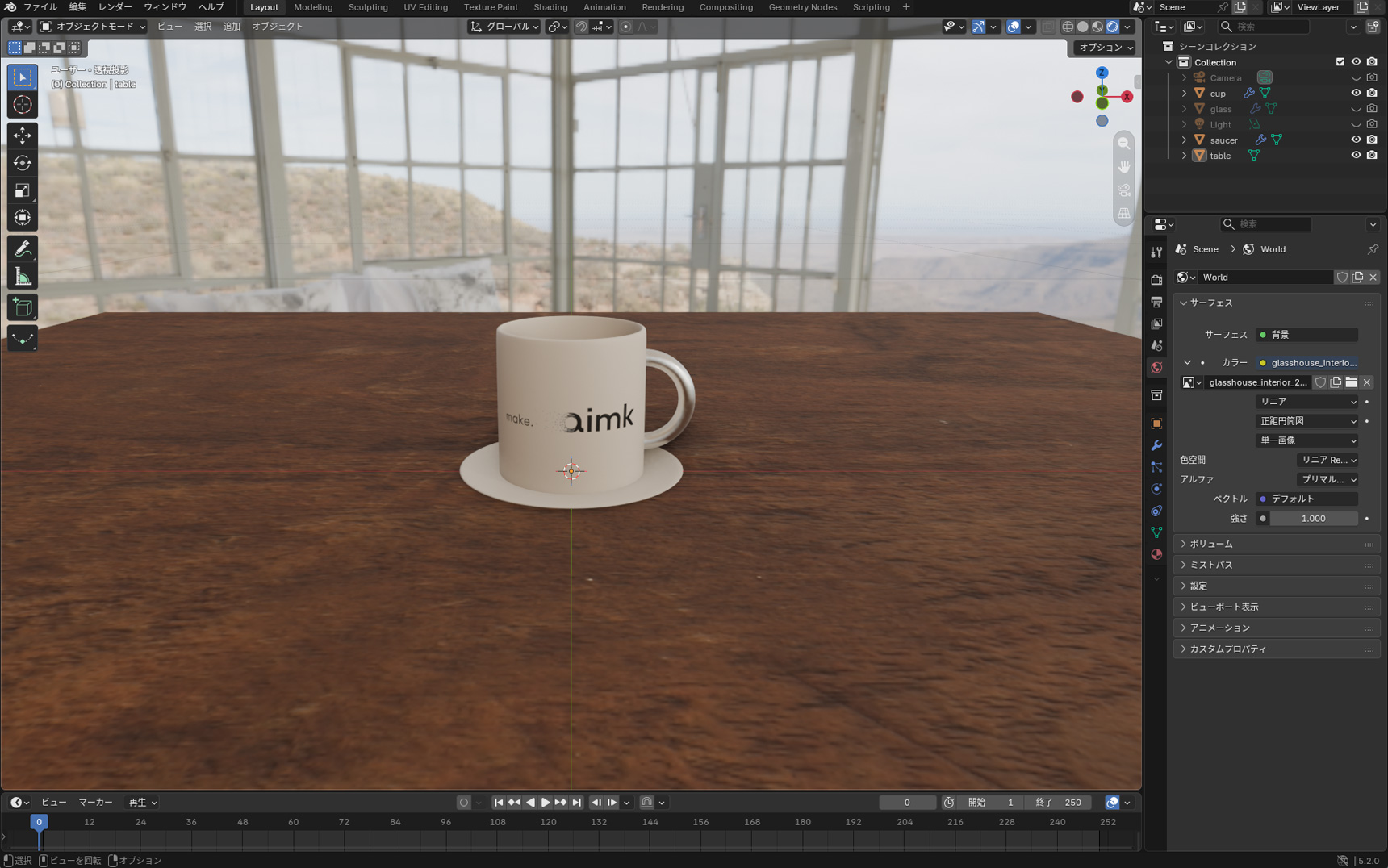 Before lowering World Strength, with the HDRI lighting the cup and background