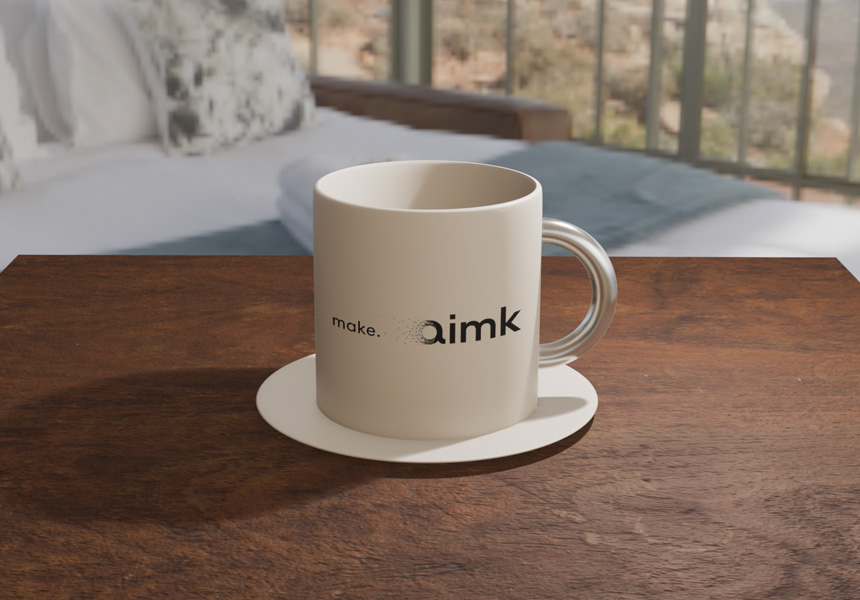 A render of a coffee cup with the make.aimk logo on the front (article image)