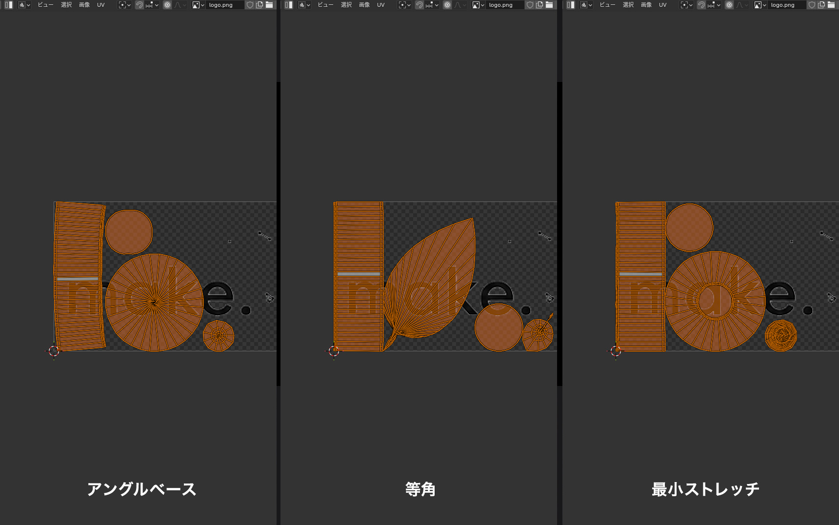 UVs unwrapped by all three methods — Angle Based, Conformal, and Minimum Stretch — compared side by side, with the bottom circle drawn out like a leaf under Conformal